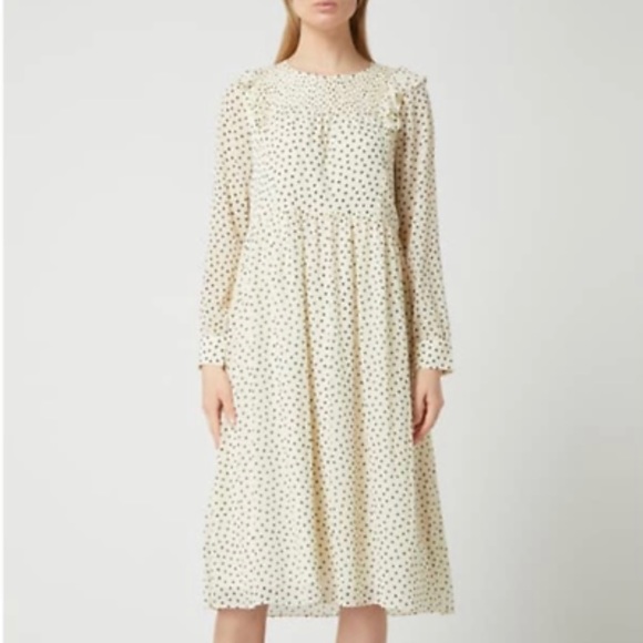 Madewell Smocked Ruffle Shoulder Midi Dress Dots Inkbrush Women's Small - Picture 1 of 6
